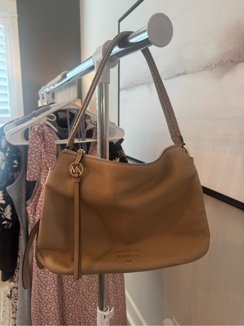 Michael Kors Tan Pebbled Leather Shoulder Bag with Braided Strap